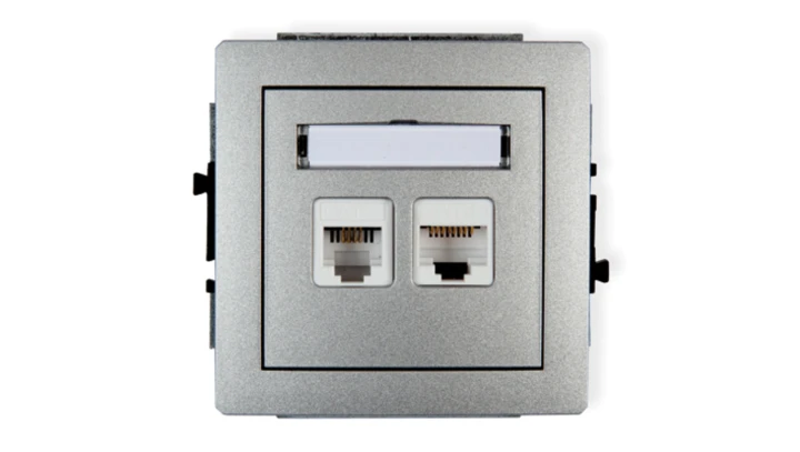 DECO Gniazda telefoniczne pojedyncze 1xRJ11 + komputerowego pojedynczego 1xRJ45, kat. 5e, 8-stykowy, beznarzędziowe srebrny meta