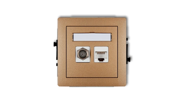 DECO Gniazdo antenowe pojedyncze typu F (SAT) + gniazda komputerowe pojedyncze 1xRJ45 kat. 5e 8-stykowy złoty metalik 8DGFK-1