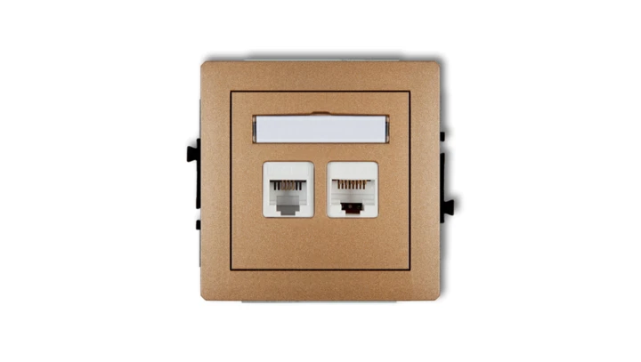 DECO Gniazda telefoniczne pojedyncze 1xRJ11 + komputerowego pojedynczego 1xRJ45, kat. 5e, 8-stykowy, beznarzędziowe złoty metali