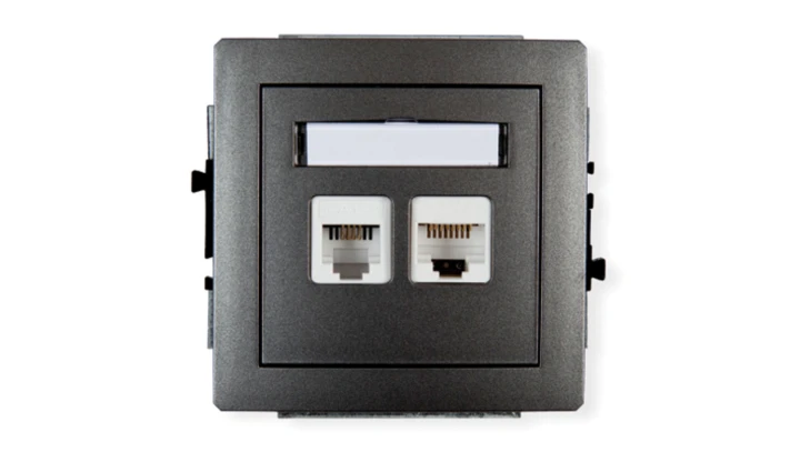 DECO Gniazda telefoniczne pojedyncze 1xRJ11 + komputerowego pojedynczego 1xRJ45, kat. 5e, 8-stykowy, beznarzędziowe grafitowy 11