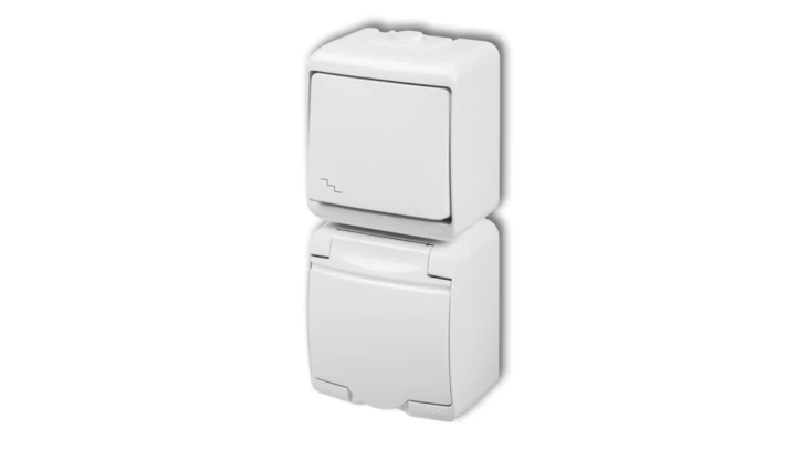 JUNIOR Łącznik schodowy + gniazdo hermetyczne (klapka biała) biały WGHP-3p