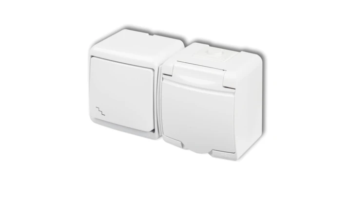 JUNIOR Łącznik schodowy + gniazdo hermetyczne (klapka biała) biały WGHH-3