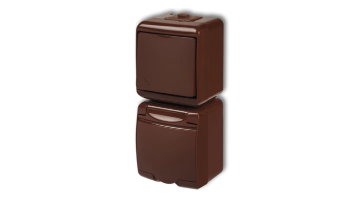 JUNIOR Łącznik schodowy + gniazdo hermetyczne (klapka brązowa) brązowy 4WGHP-3p