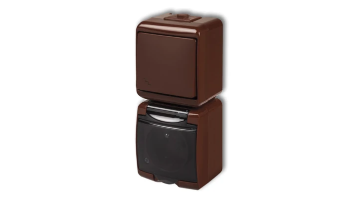 JUNIOR Łącznik schodowy + gniazdo hermetyczne (klapka dymna) brązowy 4WGHP-3d