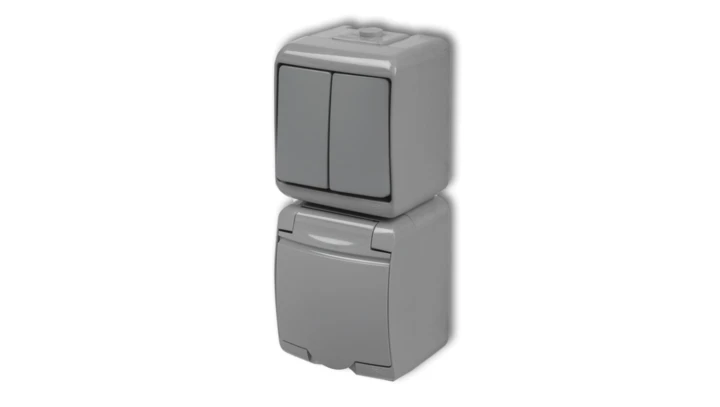 JUNIOR Łącznik świecznikowy + gniazdo hermetyczne (klapka popielata) popielaty 10WGHP-2p