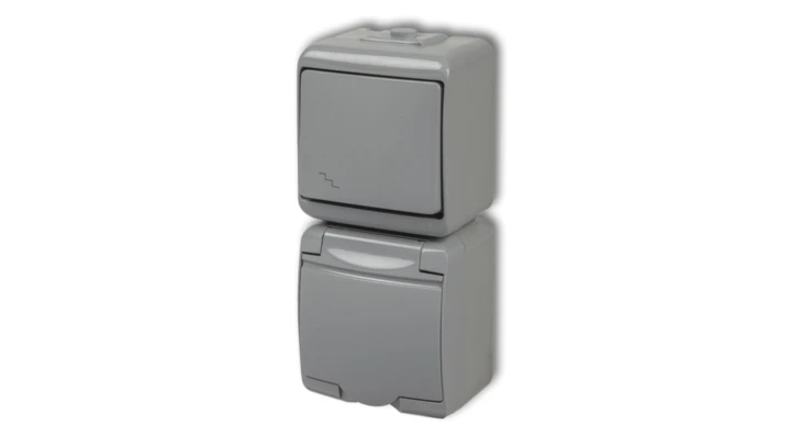 JUNIOR Łącznik schodowy + gniazdo hermetyczne (klapka popielata) popielaty 10WGHP-3