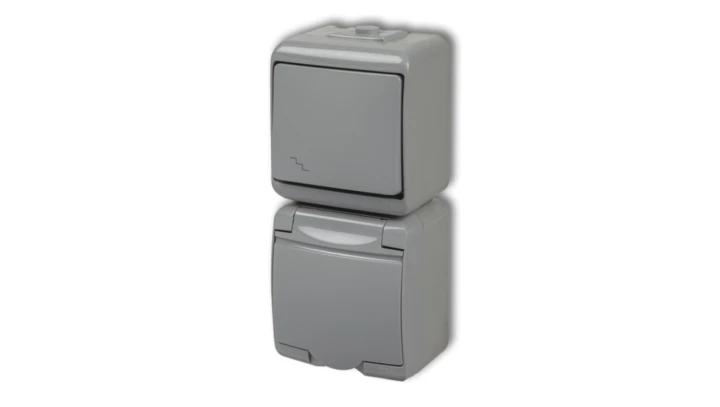 JUNIOR Łącznik schodowy + gniazdo hermetyczne (klapka popielata) popielaty 10WGHP-3p