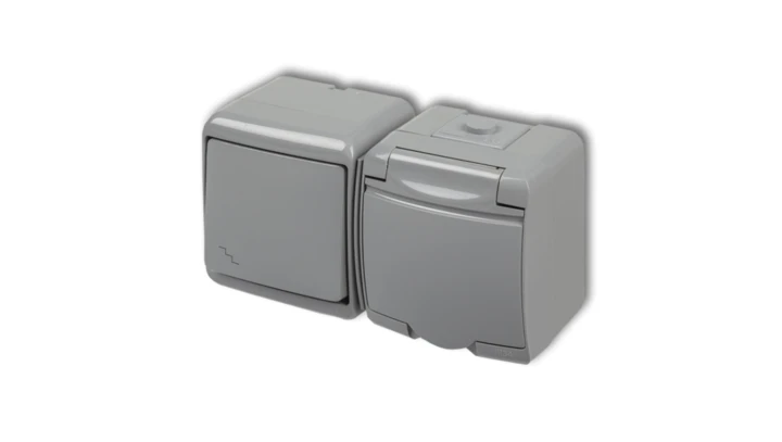 JUNIOR Łącznik schodowy + gniazdo hermetyczne (klapka popielata) popielaty 10WGHH-3