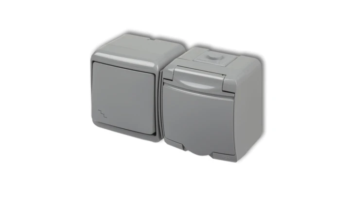 JUNIOR Łącznik schodowy + gniazdo hermetyczne (klapka popielata) popielaty 10WGHH-3p