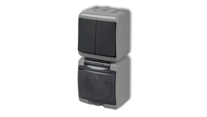 JUNIOR Łącznik świecznikowy z gniazdem hermetycznym (klapka dymna) popielaty / grafitowy 30WGHP-2dp