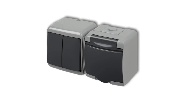 JUNIOR Łącznik świecznikowy z gniazdem hermetycznym (klapka grafitowa) popielaty / grafitowy 30WGHH-2