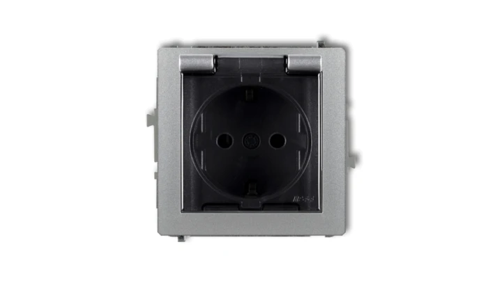 DECO Gniazdo bryzgoszczelne z/u SCHUKO (klapka dymna) srebrny metalik 7DGPB-1sdp