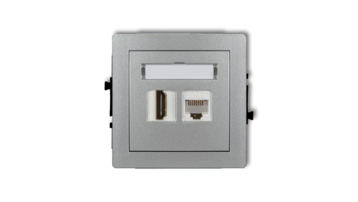 DECO Gniazdo pojedyncze HDMI + Gniazdo komputerowe pojedyncze 1xRJ45, kat. 5e, 8-stykowy srebrny metalik 7DGHK
