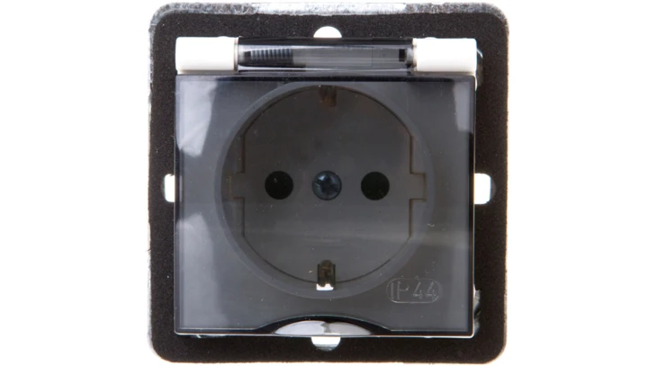 IMPRESJA Gniazdo bryzgoszczelne z/u Schuko IP44 z przesłonami klapka przezroczyste ecrue GPH-1YSP/m/27/d