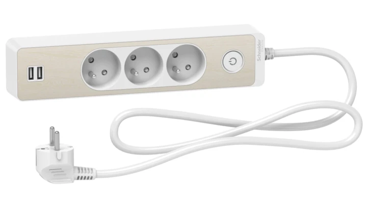 Odace Przedłużacz 3 gniazdowy z łącznikiem 2x USB, 1,5m biały+drewno Nordic ST933U1WC