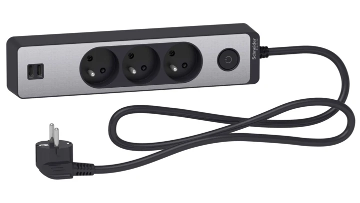 Odace Przedłużacz 3 gniazdowy z łącznikiem 2x USB, 1,5m antracyt+szczotkowane aluminium ST933U1BA