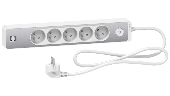 Odace Przedłużacz 5 gniazdowy z łącznikiem 2x USB, 1,5m biały+szczotkowane aluminium ST935U1WA