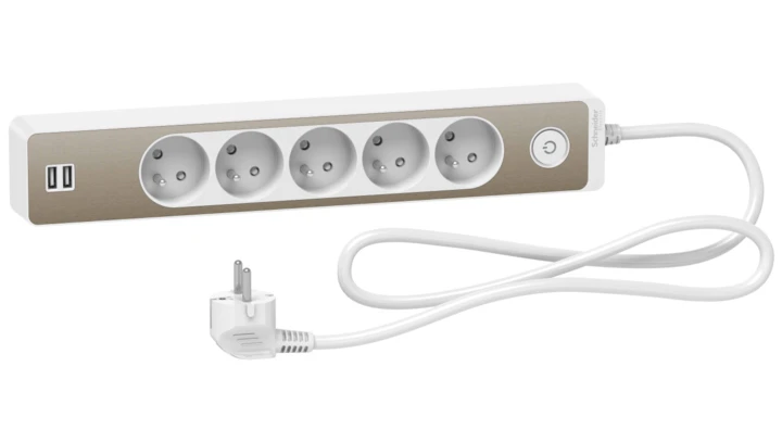 Odace Przedłużacz 5 gniazdowy z łącznikiem 2x USB, 1,5m biały+szczotkowany brąz ST935U1WB