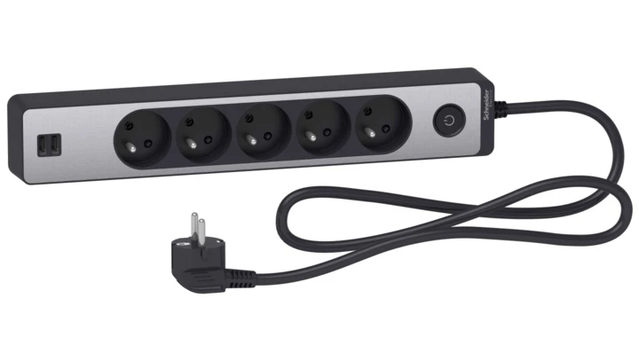 Odace Przedłużacz 5 gniazdowy z łącznikiem 2x USB, 1,5m antracyt+szczotkowane aluminium ST935U1BA