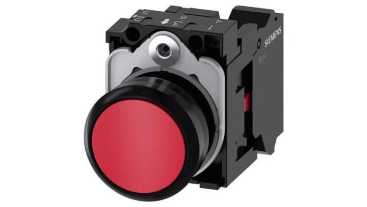 Przycisk Sirius ACT, 22mm, okrągły, czerwony płaski z samopow z uchwytem 1NC