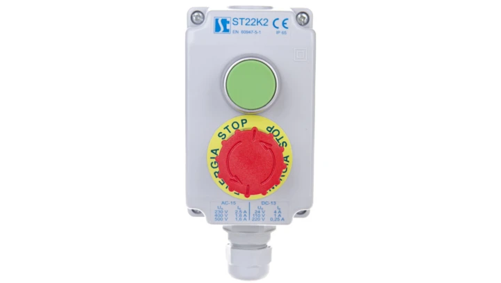 Kaseta sterownicza 2-otworowa zielony/przycisk bezpieczeństwa przez obrót 1Z 1R szara IP65 1x dławnica szara M20 ST22K2\04-1