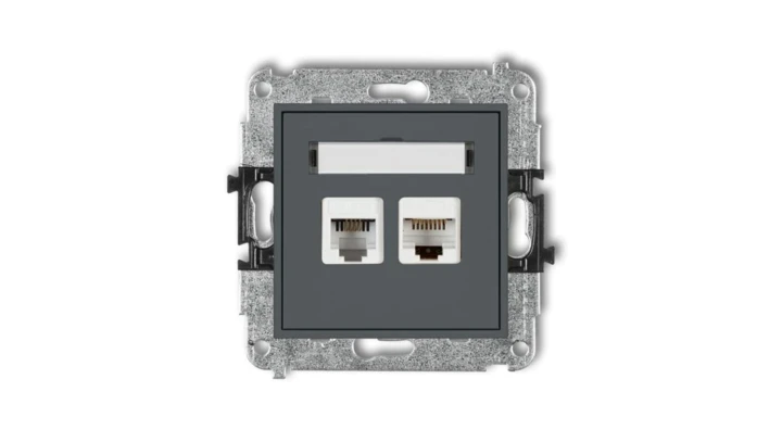 MINI Gniazdo telefoniczne RJ11 + gniazdo komputerowe RJ45 kat. 5e 8-stykowy beznarzędziowy grafitowy mat 28MGTK