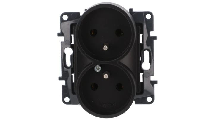 Niloe Step Gniazdo zasilające podwójne 2x2P+Z do ramek wielokrotnych, zaciski śrubowe, bez przesłony styków czarny 863532