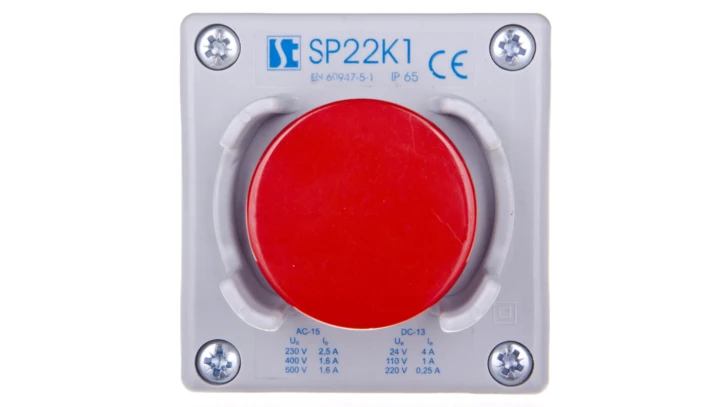 Kaseta sterownicza 1-otworowa przycisk grzybkowy z osłoną czerwony 1R szara IP65 SP22K1\25-1