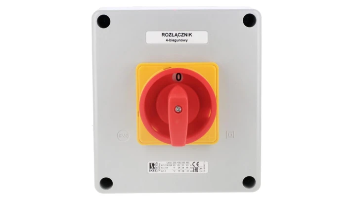 Łącznik krzywkowy 63A rozłącznik 0-1 (4 - biegunowy)w obudowie OB16 z czołem zamykanym żółto/czerwonym SK63-2.8210\OB16ZC