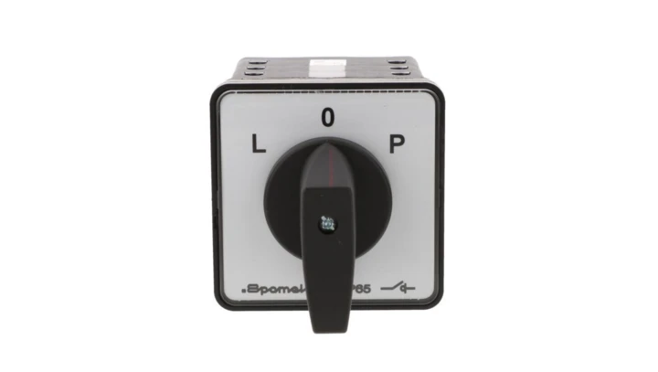 Łącznik krzywkowy 80A przełącznik zmiany kierunku obrotów L-O-P mocowany do pulpitu czoło szare pokrętło czarne SK80-3.8368\P03