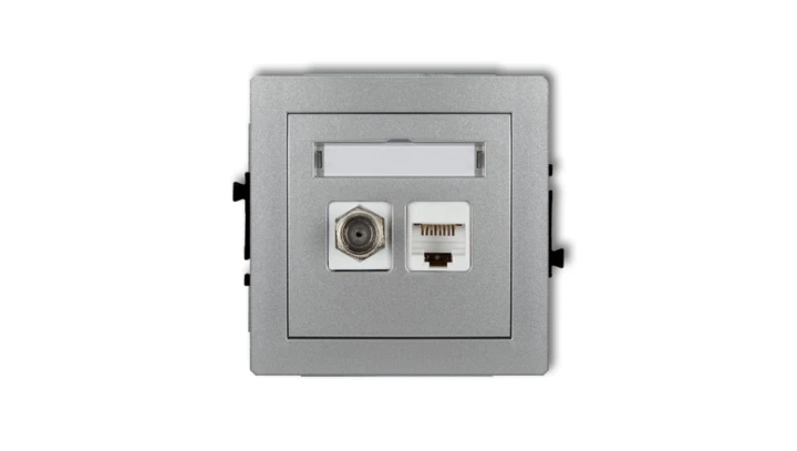 DECO Mechanizm gniazda antenowego poj. typu F (SAT) + gniazda komp. poj. 1xRJ45, kat. 6, 8-stykowy srebrny metalik 7DGFK-3