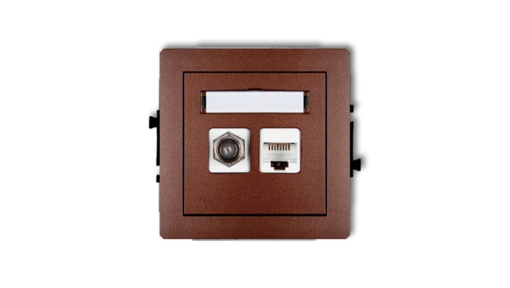 DECO Mechanizm gniazda antenowego poj. typu F (SAT) + gniazda komp. poj. 1xRJ45, kat. 6, 8-stykowy brązowy metalik 9DGFK-3