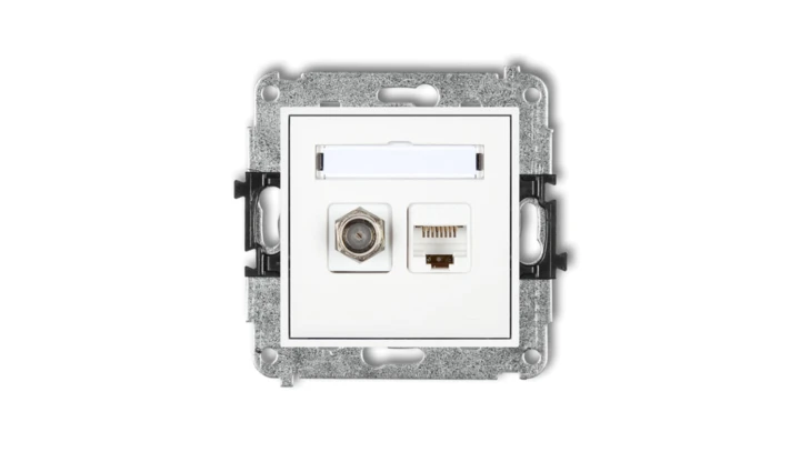 MINI Mechanizm gniazda antenowego poj. typu F (SAT) + gniazda komp. poj. 1xRJ45, kat. 6, 8-stykowy biały MGFK-3