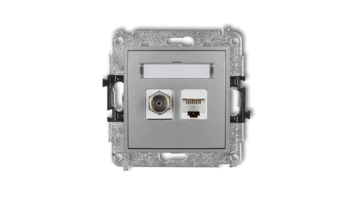 MINI Mechanizm gniazda antenowego poj. typu F (SAT) + gniazda komp. poj. 1xRJ45, kat. 6 ekranowane, 8-stykowy srebrny metalik 7M