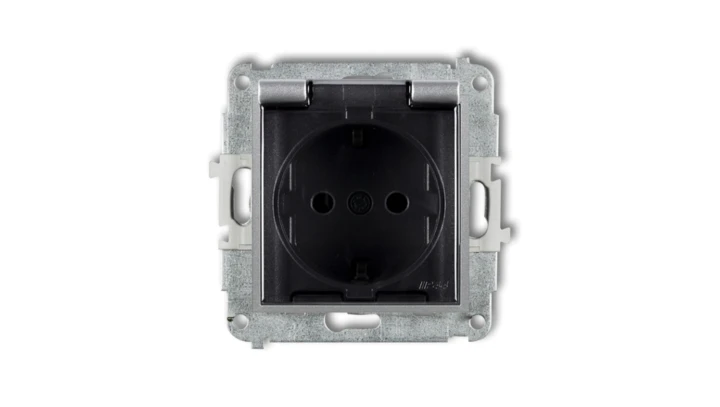 MINI Mechanizm gniazda bryzgoszczelnego z uziemieniem SCHUKO 2P+Z (klapka dymna, przesłony torów prądowych) srebrny metalik 7MGP