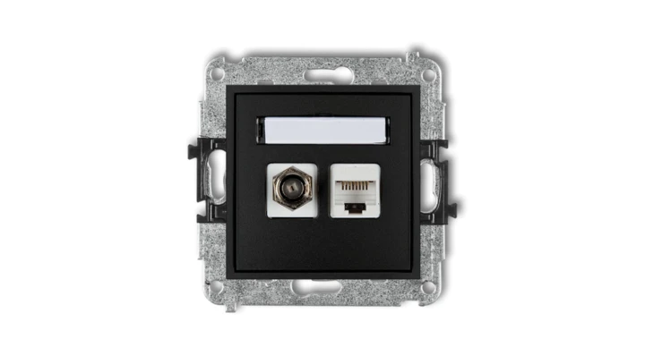 MINI Mechanizm gniazda antenowego poj. typu F (SAT) + gniazda komp. poj. 1xRJ45, kat. 6 ekranowane, 8-stykowy czarny mat 12MGFK-