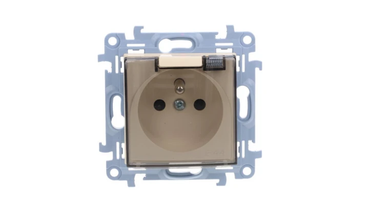 Simon 10 Gniazdo pojedyncze IP44 z uszczelką z przesłonami torów prądowych klapka transp. kremowy, szybkozłącza, CGZ1BCZ.01/41A