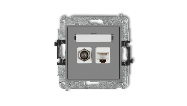 MINI Mechanizm gniazda antenowego poj. typu F (SAT) + gniazda komp. poj. 1xRJ45, kat. 6, 8-stykowy szary mat 27MGFK-3