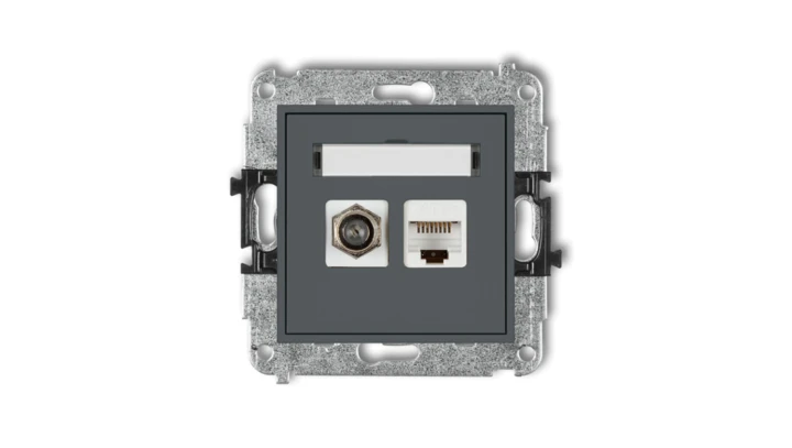 MINI Mechanizm gniazda antenowego poj. typu F (SAT) + gniazda komp. poj. 1xRJ45, kat. 6, 8-stykowy grafitowy mat 28MGFK-3