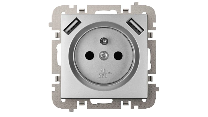 Vestra Gniazdo 2P+Z 2xUSB zasilające bez ramki podtynkowe IP20 srebrny 3888-16