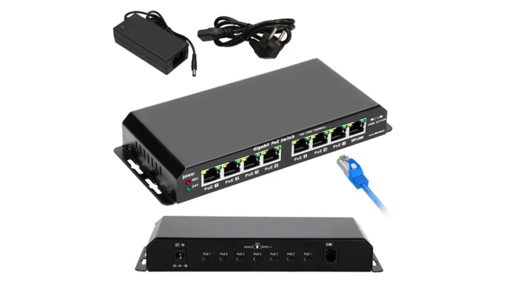 Switch PoE 7x Gigabit PoE, 1x Uplink RJ45, Zasilacz 24V 2.5A, Moc 60W Extralink KRATOS