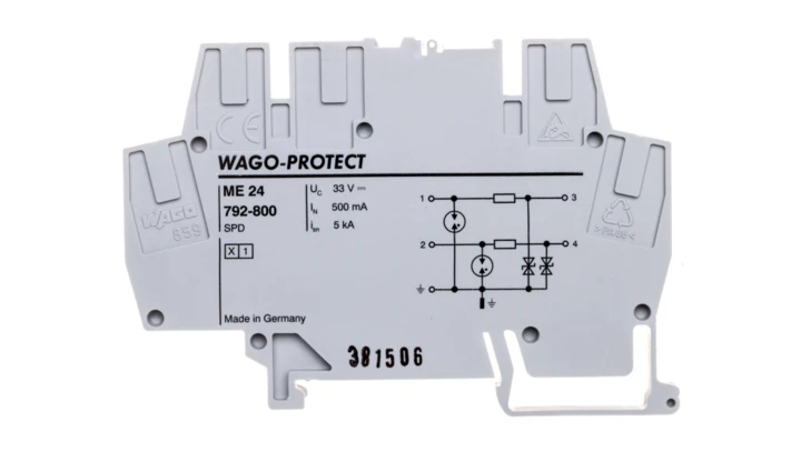 Ochronnik przeciwprzepięciowy w złączce do ochrony 2 żył przewodowych IT ME24 szary 792-800