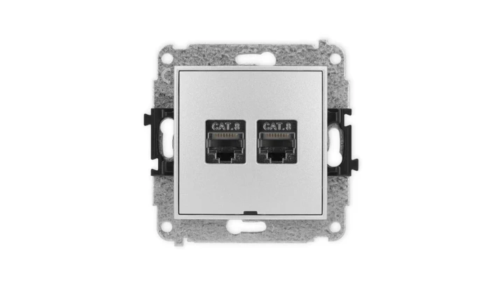ICON Mechanizm gniazda komputerowego podwójnego 2xRJ45, kat. 8, ekranowane, 8-styk, bez pola opisowego srebrny metalik 7IGKBO-12
