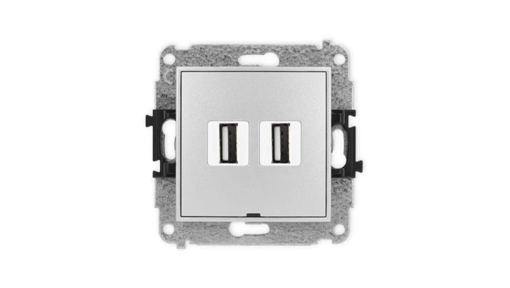 ICON Mechanizm gniazda podwójnego 2xUSB A-A 2.0, bez pola opisowego srebrny metalik 7IGUSBBO-2