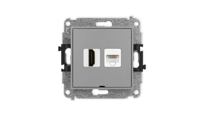 ICON Mechanizm gniazda pojedynczego HDMI 2.0 + gniazda komp. poj. 1xRJ45, kat. 5e, 8-styk, bez pola opisowego szary mat 27IGHKBO