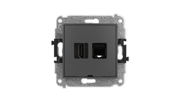 ICON Mechanizm gniazda poj. HDMI 2.0 + gniazda komp. poj. 1xRJ45, kat. 5e, 8-styk, bez pola opisowego grafitowy mat 28IGHKBO
