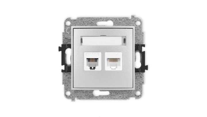 ICON Mechanizm gniazda telefonicznego poj. 1xRJ11 + komputerowego 1xRJ45, kat. 5e, 8-styk, beznarzędziowe srebrny metalik 7IGTK