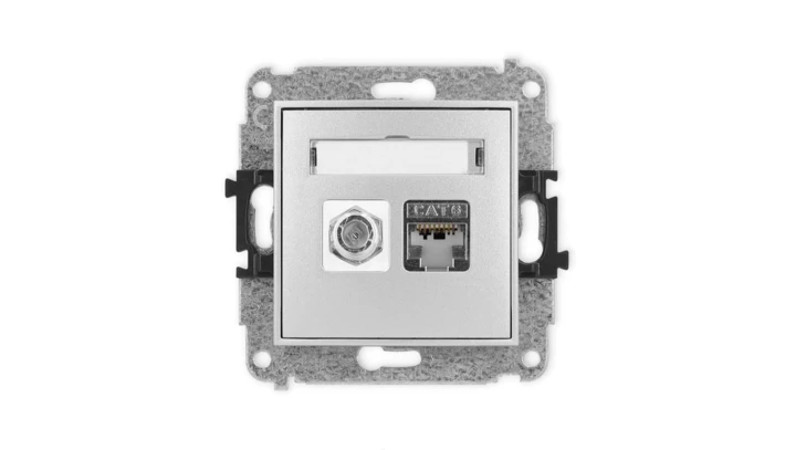 ICON Mechanizm gniazda antenowego poj. typu F (SAT) + gniazda komp. 1xRJ45, kat. 6 ekranowane, 8-stykowy srebrny metalik 7IGFK-5