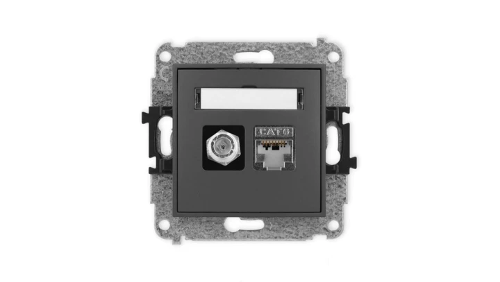 ICON Mechanizm gniazda antenowego poj. typu F (SAT) + gniazda komp. poj. 1xRJ45 kat. 6 ekranowane, 8-styk grafitowy mat 28IGFK-5