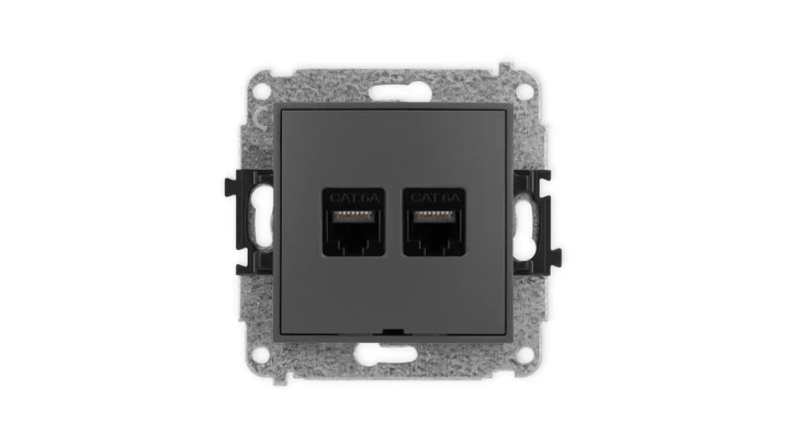 ICON Mechanizm gniazda komputerowego podwójnego 2xRJ45, kat. 6A, 8-stykowy, bez pola opisowego grafitowy mat 28IGKBO-8